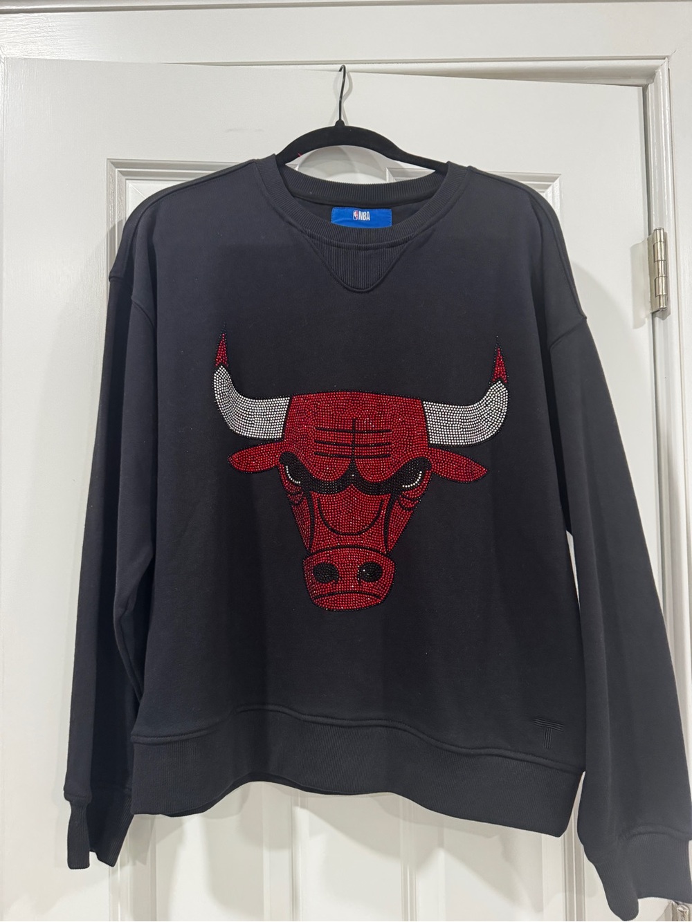 Terez Black Crewneck Sweatshirt with Red & White Rhinestone Bulls Logo